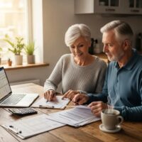 Retired couple planning healthcare costs at a kitchen table with financial documents