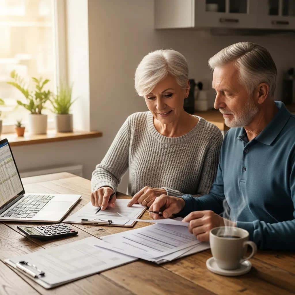 Retired couple planning healthcare costs at a kitchen table with financial documents