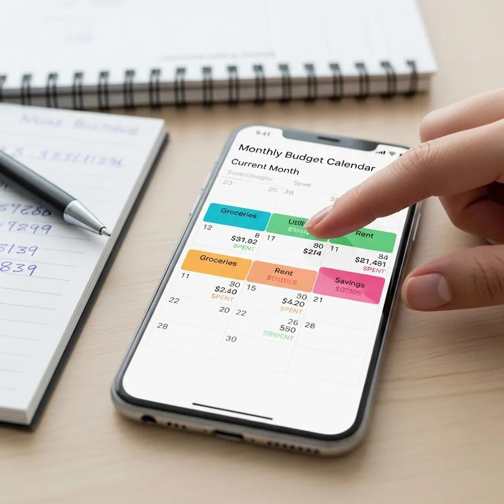 Smartphone displaying a monthly budget calendar app with a notepad and pen