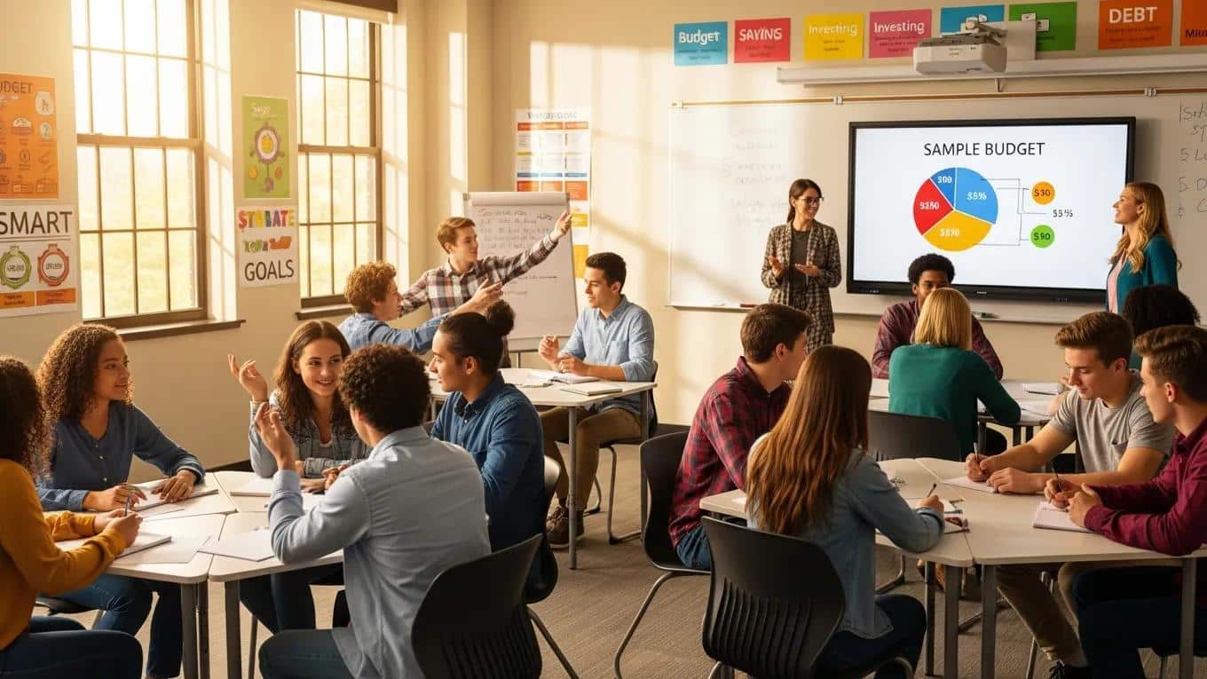 Teenagers in a financial literacy class discussing budgeting and saving strategies