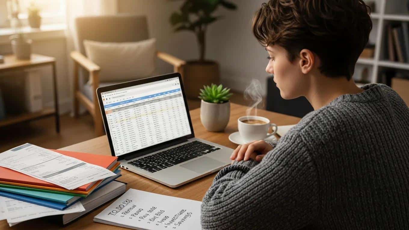 A young adult applying financial skills at home, demonstrating real-world financial literacy in action