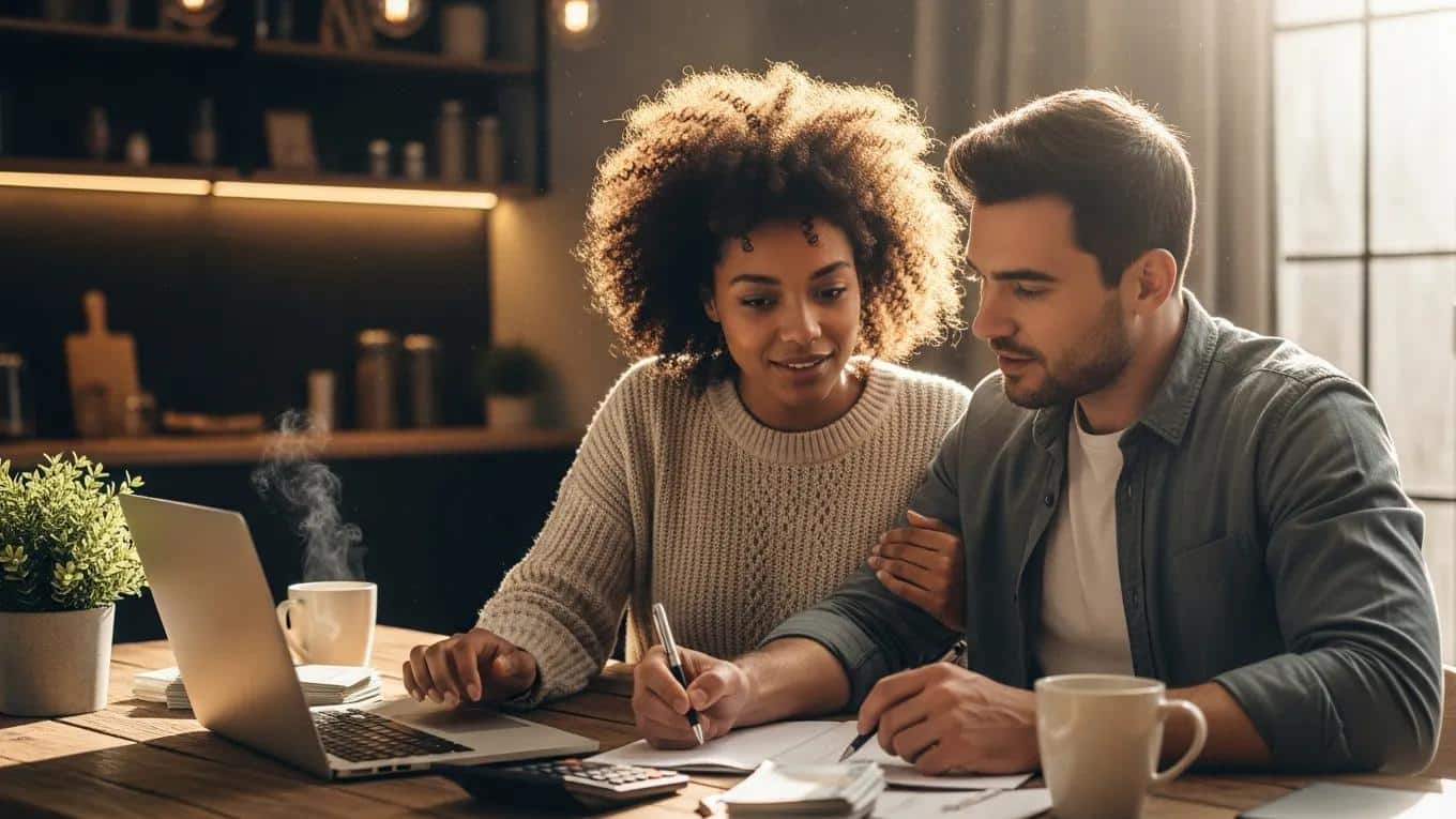 Couple discussing finances at a kitchen table, highlighting teamwork in financial planning