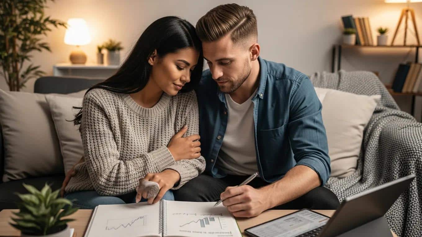 Couple reviewing financial goals together, emphasizing the importance of financial compatibility