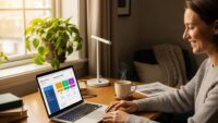 Cozy home office scene with happy individual engaging with online savings tools, highlighting automatic savings