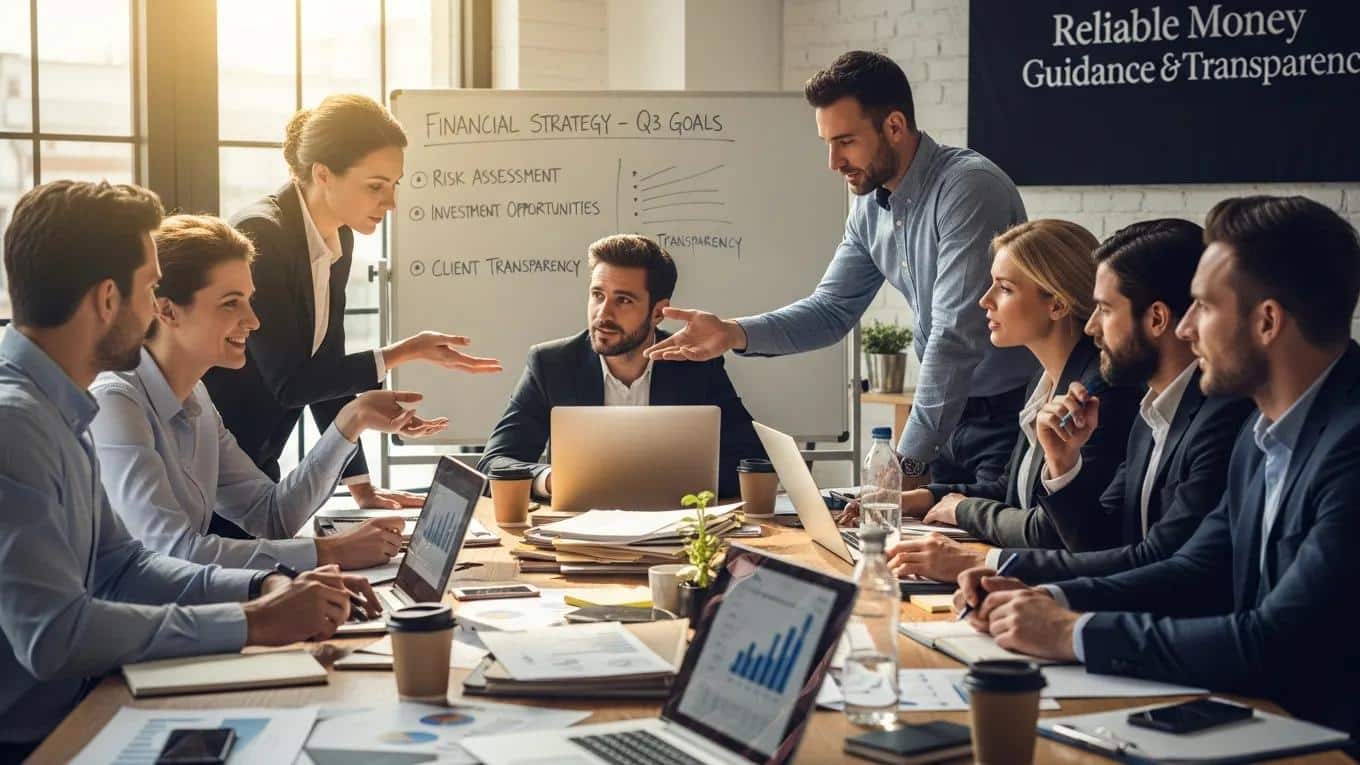 group of professionals collaborating on financial strategies in a modern office