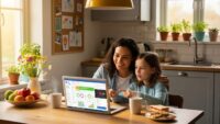 Parent and child engaging in budgeting education together at a kitchen table