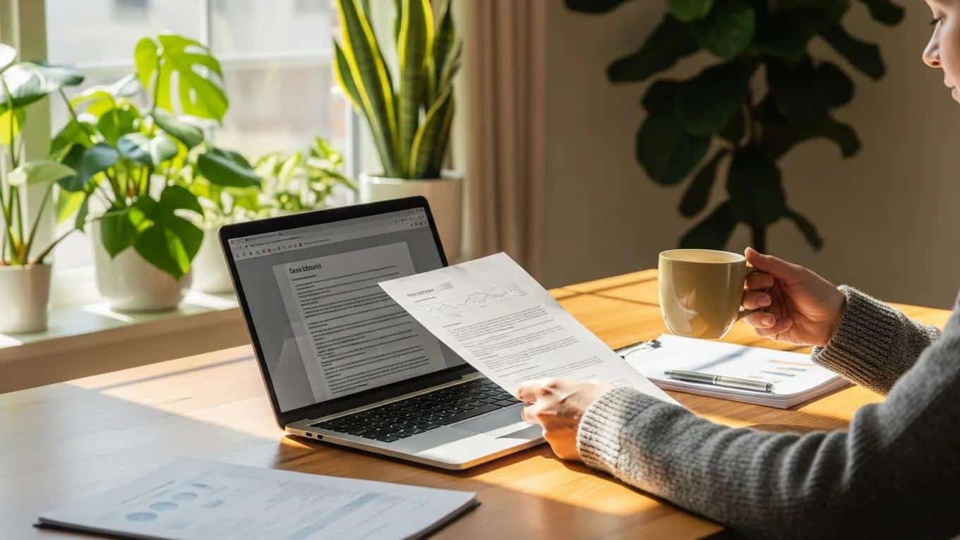 person reviewing financial documents in a cozy home office setting