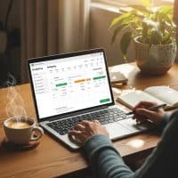 Cozy workspace with a person managing finances using a calendar budgeting app